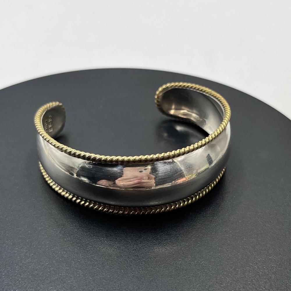 Taxco Laton Vintage TB-63 Sterling Silver 925 Brass Cuff Bracelet Mexico 24 gr